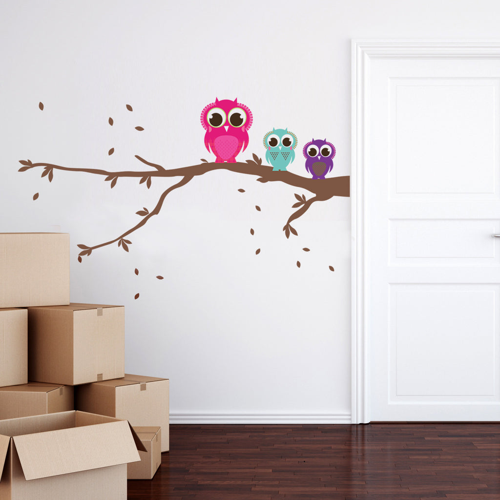 Patterned Owls On A Branch Wall Sticker Set